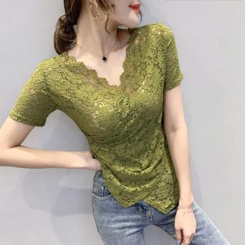 歐洲站夏季新款女裝性感鏤空V領蕾絲衫女短袖不規則交叉收身上衣