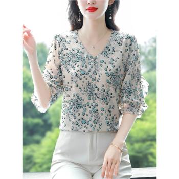 碎花雪紡衫女短袖夏季2024年新款媽媽小衫洋氣遮肚子寬松顯瘦上衣