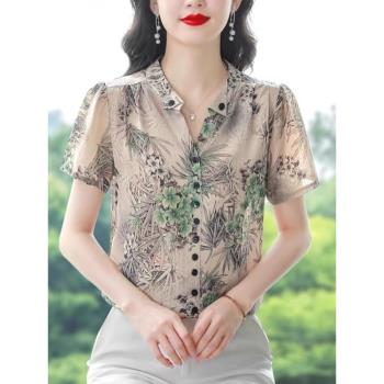 立領印花雪紡襯衫女夏季2024年新款中年媽媽氣質上衣寬松短袖小衫
