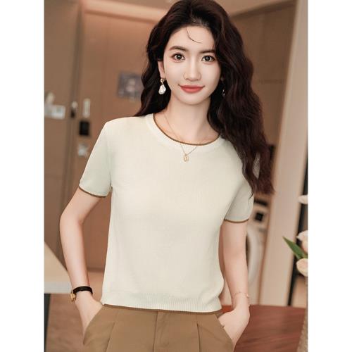 小香風短款拼色冰絲短袖T恤女夏季修身氣質百搭套頭短袖針織上衣