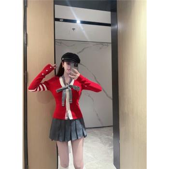 24春tb學院風針織單排扣上衣女修身四道槓開衫減齡飄帶小眾高版本