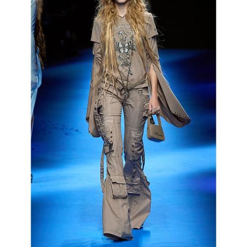 TWOTWINSTYLE美式復古水洗做舊卡其色微喇褲牛仔褲顯瘦工裝褲長褲