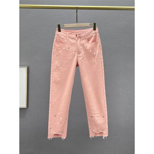 歐貨燙鉆牛仔直筒褲女潮2024年春夏季新款高腰顯瘦磨破八分煙管褲