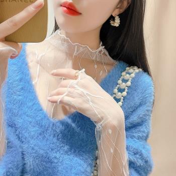 2023早春高領蕾絲鏤空網紗上衣簡約洋氣木耳領純色內搭女裝打底衫