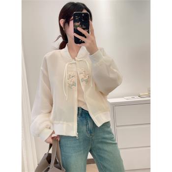 4367新中式棒球領刺繡外套春季女裝新款減齡長袖網紗拉鏈上衣