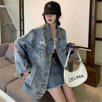 春秋百搭寬松休閑磨破顯瘦牛仔外套男女同款破洞高品質上衣情侶裝