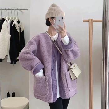 歐洲站皮毛一體外套女羊羔毛2023秋冬新款韓版寬松加厚慵懶風大衣
