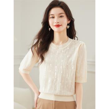 2024夏季小清新亮片提花短袖女氣質減齡花朵拼接圓領套頭針織上衣