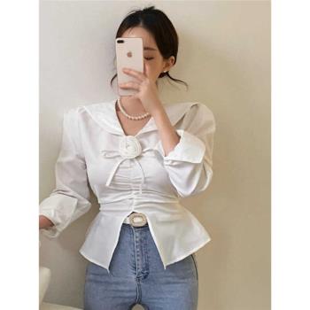 韓國進口綁帶修身長袖白襯衫花朵