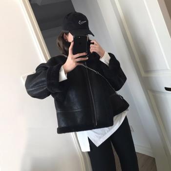 機車服女冬ins皮毛一體2025韓版寬松加厚保暖黑色羊羔毛絨外套潮