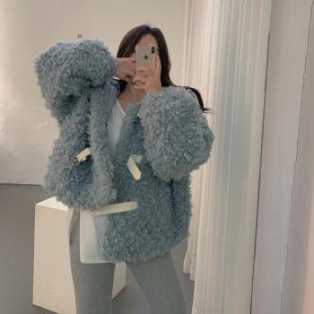 羊羔毛外套女連帽寬松個性短外套羊圈毛皮扣2020冬季新款B家自制
