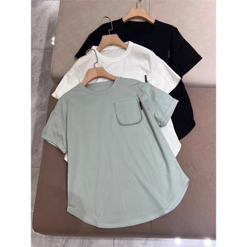 意大利BC女裝高品匹馬棉短袖T恤女圓領口袋釘珠圓弧下擺薄上衣夏