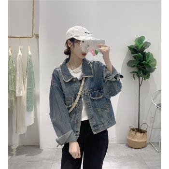 美式毛邊短款牛仔外套女春秋冬小個子小眾設計感港風復古chic上衣