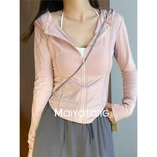 粉色冰絲防曬衣女款夏季修身運動瑜伽服外套緊身上衣女夏2025新款