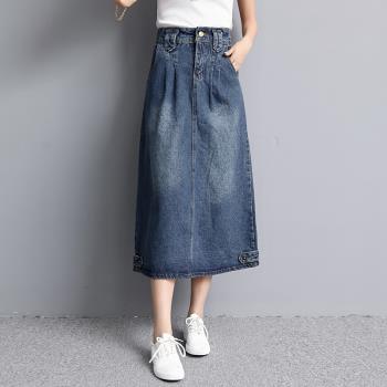 2022春秋文藝韓版時尚一步裙寬松後時尚牛仔裙女半身裙中長款包臀