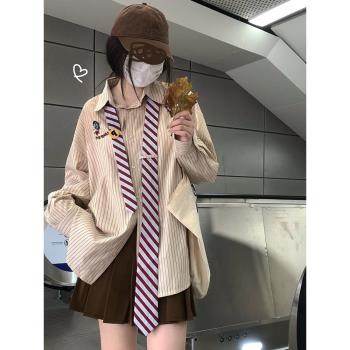 日系復古休閑寬松條紋襯衫內搭秋季學生設計感百搭領帶長袖襯衣潮