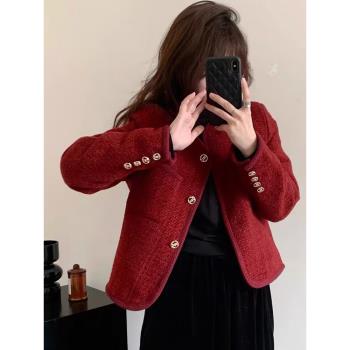 酒紅色小香風外套女2025新款秋冬小個子加厚夾棉法式高階感羽絨服