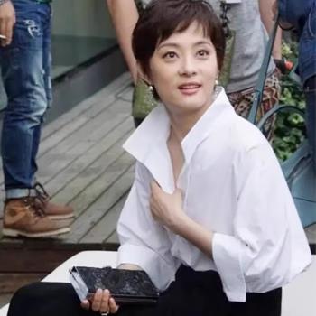 孫儷明星同款白色立領襯衫女大碼純棉寬松法式百搭設計感小眾上衣