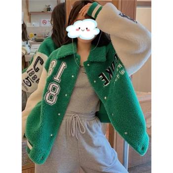 3954羊羔絨刺繡撞色外套春秋新款韓版寬松時尚情侶款摁扣上衣