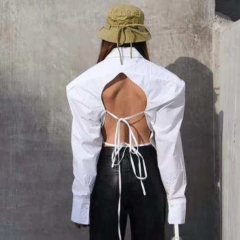 歐美風露背系帶襯衫有肩墊法式收腰襯衣 backless lace-up shirt