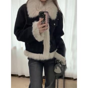 冬裝牛仔羊羔毛外套女裝2024冬季新款今年流行加厚毛絨棉服女秋冬