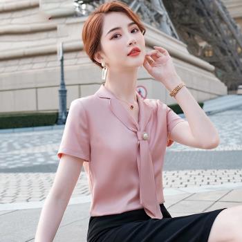 醋酸緞麵粉色襯衫女2024春夏新款短袖高階洋氣時尚雪紡襯衣白上衣
