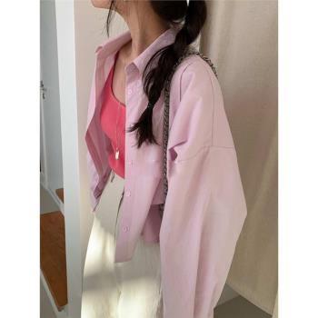 韓國東大門2025春夏新款短款寬松粉色Polo領外搭防曬襯衫女上衣潮