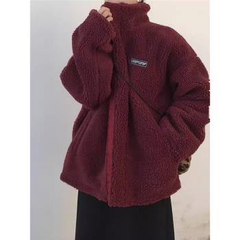 酒紅色雙面穿羊羔絨毛絨外套女2023冬季寬松加厚棉衣保暖棉服棉襖