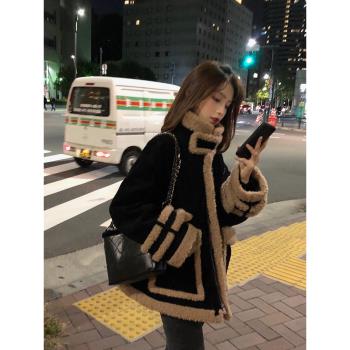 復古羊羔絨外套女秋冬炸街赫本風皮毛一體羊羔毛加絨加厚機車棉服