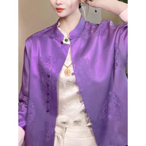 新中式女裝中國風外套春秋季新款紫色外搭開衫短款桑蠶絲真絲上衣