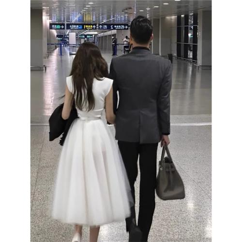 2025新款小個子梨型身材a字公主長裙白色蓬蓬網紗半身裙子女夏季