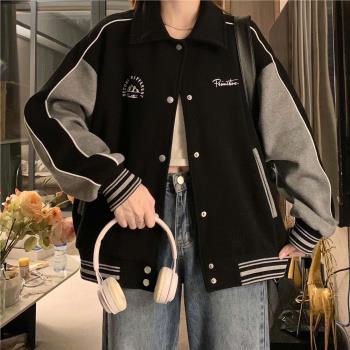 美式修身復古撞色棒球服外套女春秋2024新款初中高中學生寬松百搭