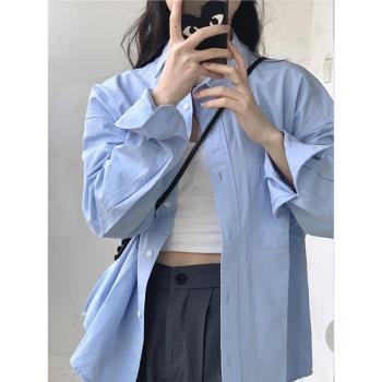 復古港味襯衫女春秋季2023年新款純色百搭寬松bf慵懶風長袖襯衣潮