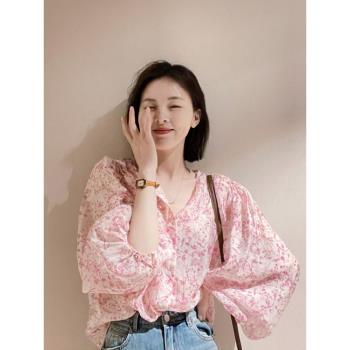 歐洲站法式粉色碎花泡泡袖襯衫女夏季薄款防曬溫柔風甜美減齡上衣