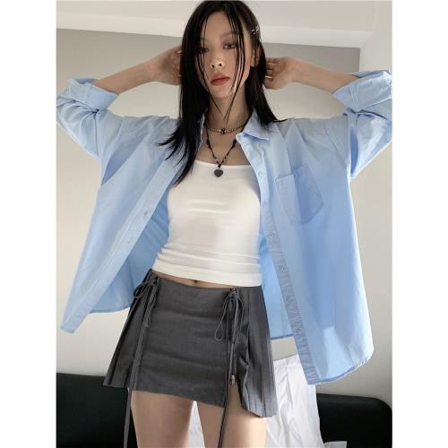 MilkyCoast 韓系休閑簡約穿搭 白襯衫女百搭翻領拼接口袋純色襯衣