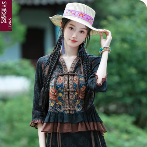 新中式刺繡短款外套女春夏新款國風盤扣唐裝緞面襯衫小個子女上衣