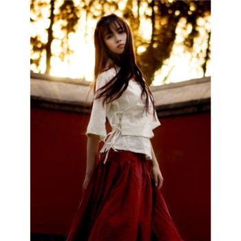原創設計改良漢服上衣春秋新款復古亞麻交領系帶襯衫中國風女唐裝