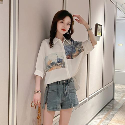 港風復古五分袖襯衫女夏季薄款雪紡上衣高級感女寬松垂感襯衣女士