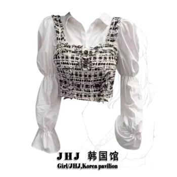 千鳥格格子吊帶襯衫兩件套女秋冬法式設計感小眾小香風泡泡袖上衣