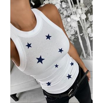 Star Print Round Neck Tank Top夏季星星印花修身背心女
