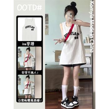 回頭率十足！夏季美式潮牌白色背心女oversize百搭無袖t恤上衣ins