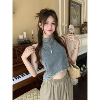 復古毛邊流蘇牛仔不規則吊帶背心