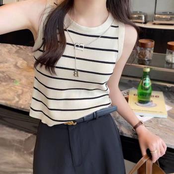 外穿內搭修身冰絲條紋吊帶背心女針織衫短款設計感圓領無袖上衣裝
