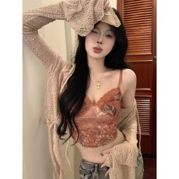 大碼胖MM性感網紗拼接蕾絲吊帶背心女夏季甜辣妹短款顯瘦歐美上衣