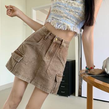 2024夏季新款牛仔短裙女個性工裝口袋A字裙高腰設計感裙子