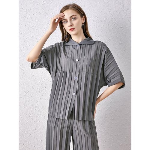 貴夫人夏季外套短款三宅半袖翻領單排扣寬松薄開衫媽媽裝褶皺上衣