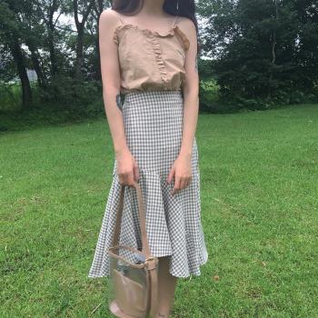 韓國夏秋文藝不規則荷葉邊高腰包臀格子魚尾裙減齡半身裙中長裙女