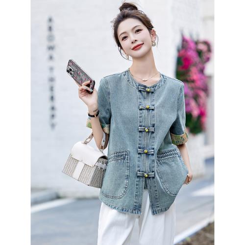 新中式國風牛仔外套女2024年夏季新款小個子盤扣改良唐裝襯衫上衣