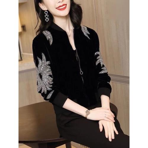 反季清倉金絲絨短外套女春秋2025年黑色亮片寬松開衫棒球服女上衣