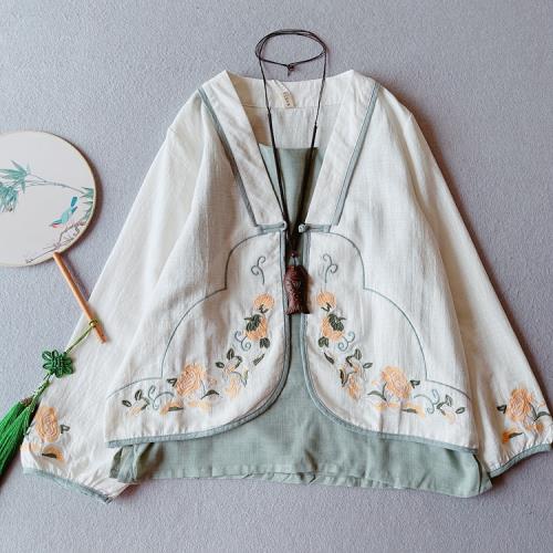 春秋棉麻刺繡襯衫寬松復古盤扣中國風上衣女外套大碼短款文藝開衫